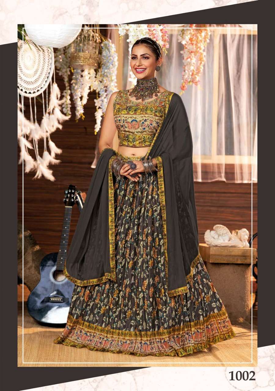 S3 Forever-Dholida-Floral Printe Manipuri Silk Crop Top With Hand Embroidery Work Umbrella Gher Silk Skirt AND Chiffon Dupatta Dupatta-1002-F